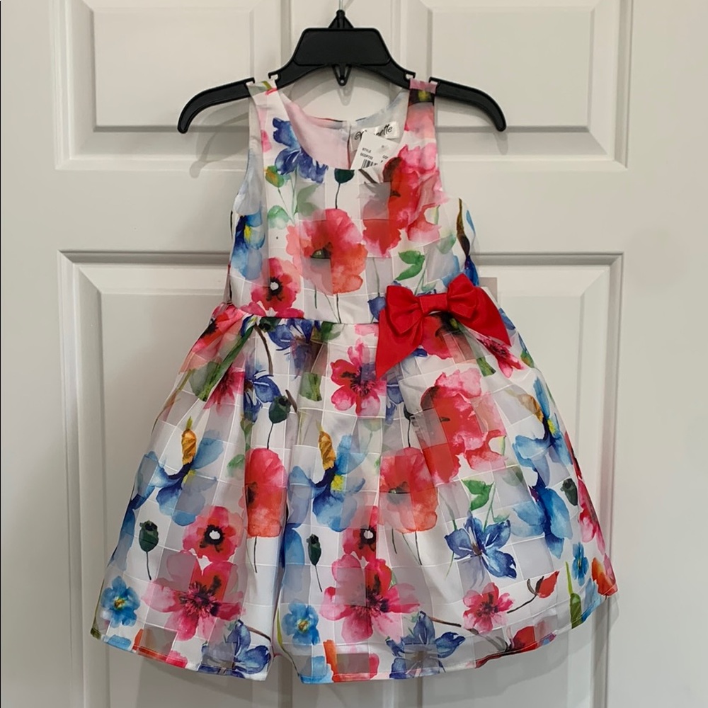 NWT Nanette Girls Floral Dress with Red Bow - 2T